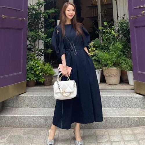 JSXDHK New Korean Summer Ball Gown Long Dress 2021 Elegant Women Off Shoulder Lantern Sleeve Female O Neck Lace Up Loose Dress