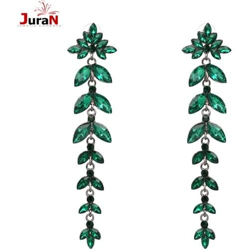 JURAN New Statement Fashion Jewelry Leaf Shape Shiny Drops Earrings Long Crystal Dangle Earring For Wedding Party Women J50228