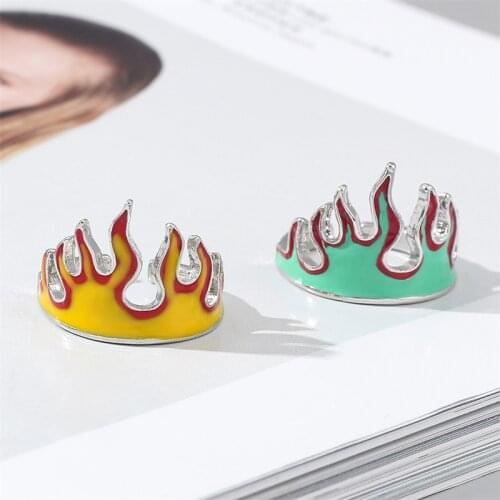 Silver Color Yellow Enamel Fire Flame Ring For Men Women Fashion Cool Opening Ring Harajuku Accessories Boys Party Jewelry Gift