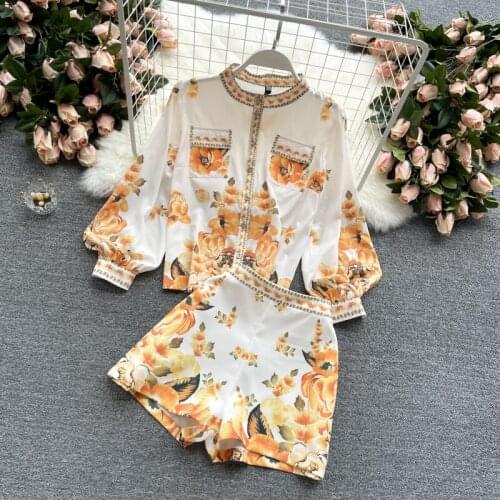 Fashion Women Shorts Sets 2021 Summer Gold Print Floral Two Piece Set Womans Tops And Shorts Formal Shirt Wide Leg Pants Suit