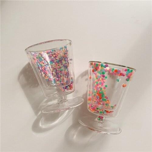 Korean Creative Lovely Childrens Fun Color Disc Quicksand Transparent Double Glass Water Cup Girl Heart Coffee Milk Cup