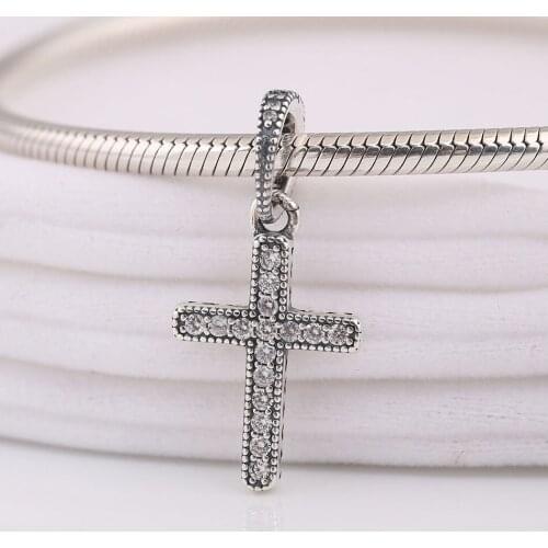Authentic S925 Silver Pendant Charm for Women Bracelet Bangle DIY Jewelry Cross Dangle Bead with Crystals
