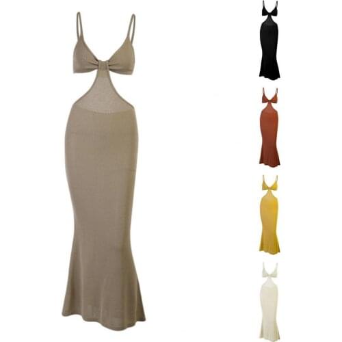 HOT SALES!!!Women Dress Solid Color Cutout Spaghetti Straps Backless Cotton Bodycon Maxi Dress for Banquet