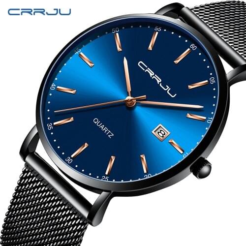 2019 New CRRJU Blue Casual Mesh Belt Fashion Quartz Watch Rose Hands Mens Watches Top Brand Luxury Waterproof and shockproof