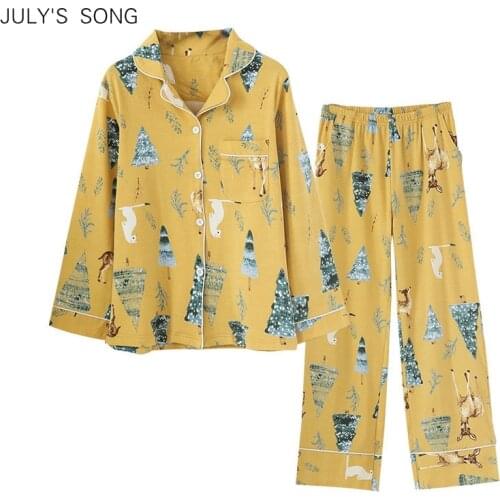 JULYS SONG Women 2 Pieces Pajamas Set Cotton Soft Plant Animal Printing Leisure Long Sleeve Trousers Spring Autumn Sleepwear