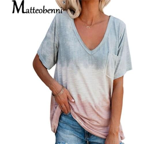 Tie Dye Print Pocket V-Neck Loose Short Sleeve Ladies Pullover 2021 Summer Women Fashion Casual Streetwear Plus Size T-Shirt Top
