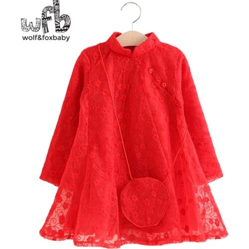 Retail 3-10 years lace dress + bag national wind girl spring fall autumn