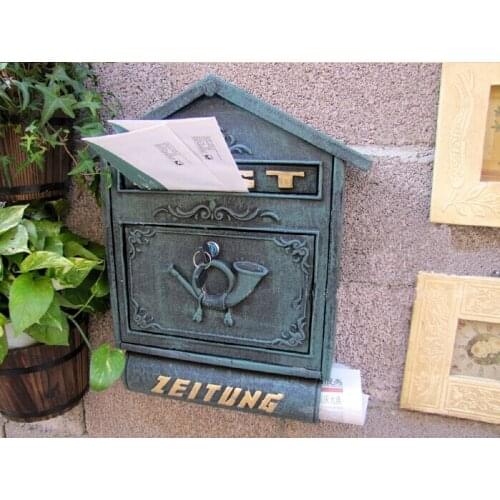 Dark Green Large Cast Iron Wall Mailbox with Newspaper Zeitung Holder Mail Letters Post Box Antique Solid Metal