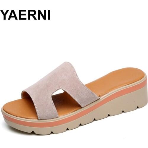 YAERNIWomens Summer Slippers Flat Platform Sandals Beach Shoes Round Toe Shoes Slippers Genuine Leather Suede Flip FlopsE1333