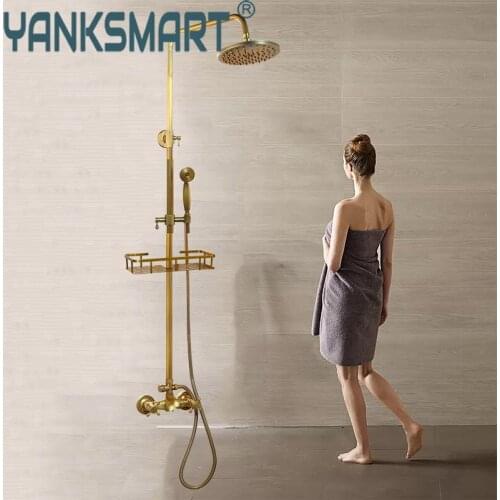 YANKSMART Antique Brass Shower Faucets Set 8'' Rainfall Shower Head Commodity Shelf Handle Mixer Tap Swivel Spout Bath Shower