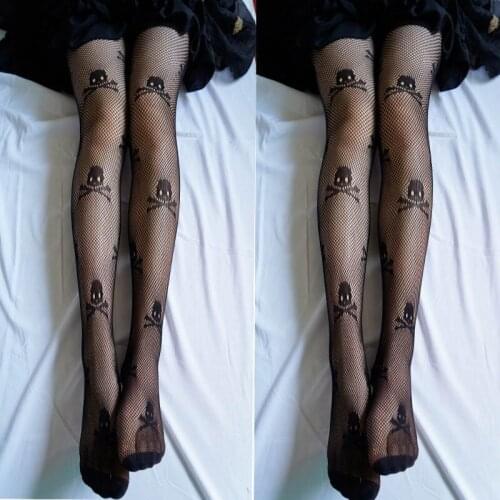 Sexy Stockings Women Accessories Ultra-thin Elastic Skull Pattern Fishnet Mesh Polyester Pantyhose 1Pcs