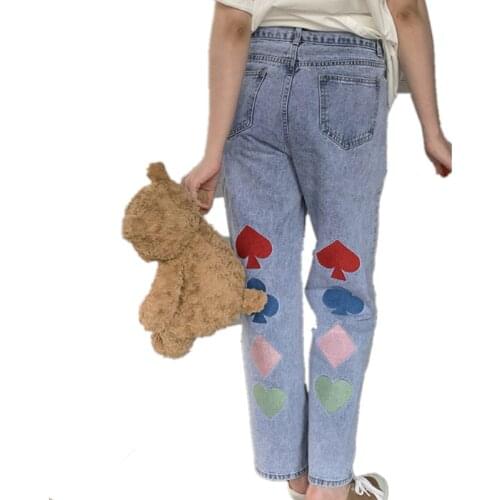 2021 Summer Jeans Playing Card Printing High Waist Straight Pants For Women Streetwear Loose Female Denim Trousers Ladies 4275
