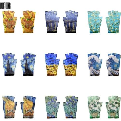 Van Gogh Oil Painting Half Finger Gloves Warm Women Knitted Fingerless Gloves Work Sports Non-Slip Sunflower Starry Night Gloves