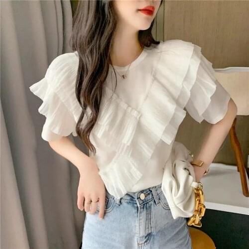 Korean wild loose ruffled t-shirt womens top ins super fairy thin bottoming shirt 2021 summer new t-shirt women Fashion blouse