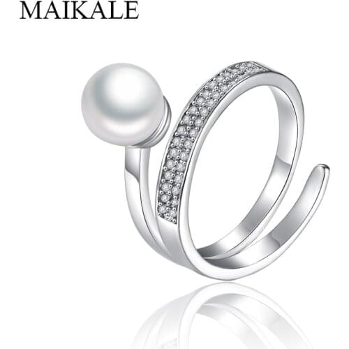 MAIKALE Trendy Pearl Rings Paved Zirconia Gold Silver Color Plated Finger Ring CZ Weding Band Rings for Women Accessories Gifts