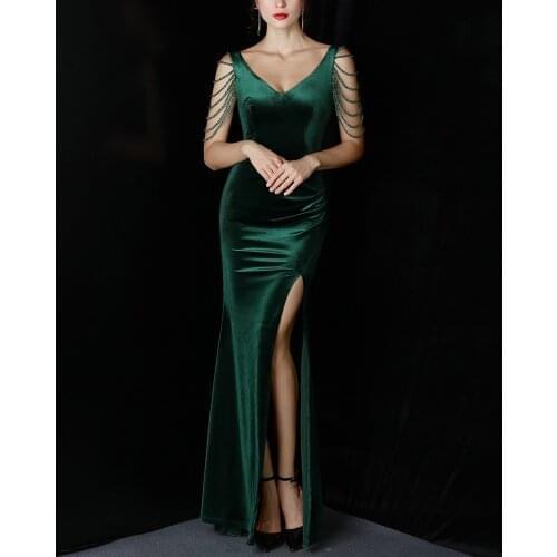 Female High-End Elegant Velvet Evening Dresses Women Sexy V Neck Slit Tassel Beading Cocktail Vestido Banquet Annual Meeting New