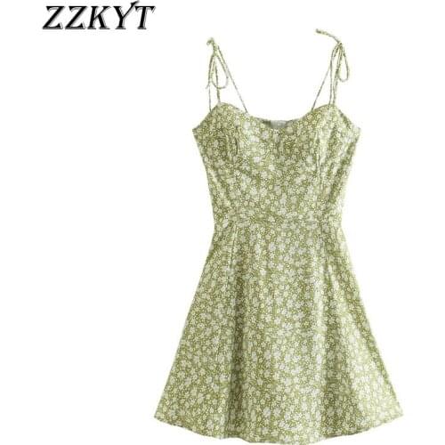ZZKYT 2021 Women Summer Vintage Floral Print Bow Tied Strap Mini Dress Fashion Sleeveless Backless Elasticity Party Female Dress