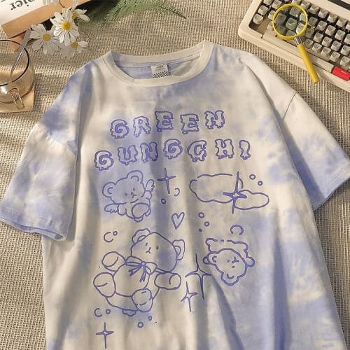 Cotton Cute Bear Tshirt Streetwear Summer Oversized T Shirt Women Harajuku Short Sleeves Tops Tee Hip Hop Tie Dyed Tshirt Funny