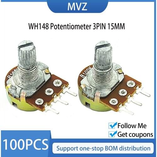 100pcs WH148 B1K B2K B5K B10K B20K B50K B100K B500K 3Pin 15mm Shaft Amplifier Dual Stereo Potentiometer 1K 2K 5K 10K 50K 100K