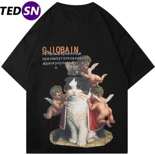 2020 Hip Hop T Shirt Men Summer Streetwear Casual Tees Shirts Queen Cat Print Harajuku Oversized Loose Cotton Tops