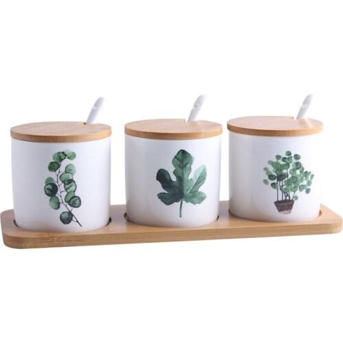 3pcs/set Ceramic Cruet Set Nordic Green Plant Pattern Seasoning Jar Cactus Leaves Seasoning Box Storage Tool