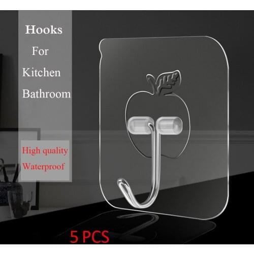 5PCS Stainless Steel Apple Shape Transparent Seamless Adhesive Hook Waterproof Kitchen Bathroom Strong Sticking Wall Hook Hanger
