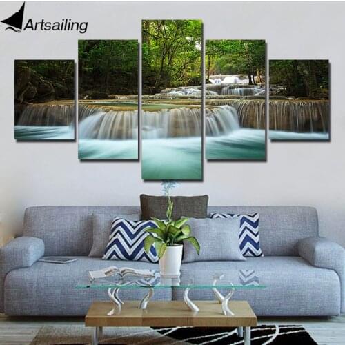ArtSailing water fall scenery green 5 piece painting wall pictures For Living Room art Poster Modular Canvas