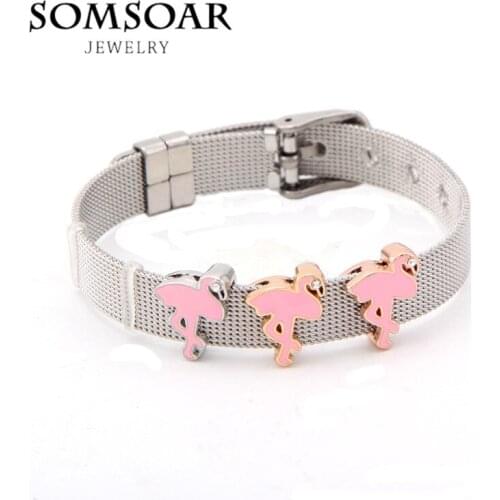 Somsoar Jewelry Pink Flamingo Charms fit Leather wrappable Mesh Stainless steel Bracelet Bangle 10pcs/lot