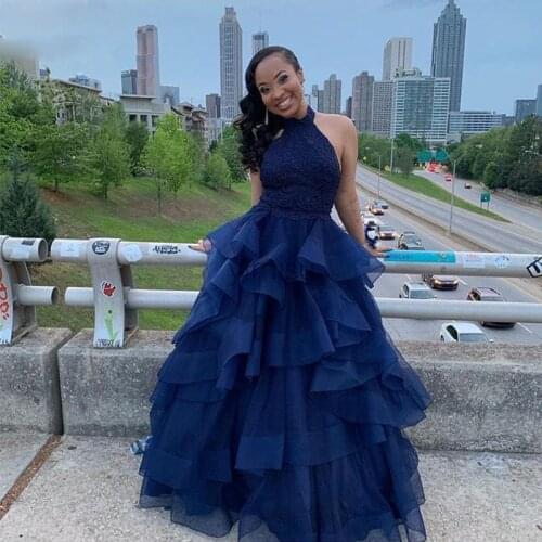 New Dark Navy Dresses Halter Backless Cascading Ruffles Lace Long Formal Evening Party Gowns for Sweet 16 Quinceanera Dress