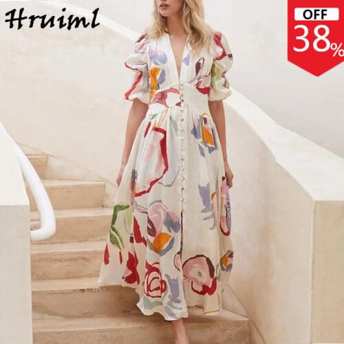 Long Dresses for Women Fashion Print Half Sleeve V Neck Maxi Dress Casual High Waist Button Holiday Beach Autumn Dress Vestido