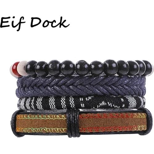 Eif Dock 4pcs/set Handmade Fashion Trendy Vintage Female Femme Homme Male Punk Wood Bead Charm Men Leather Bracelet For Women