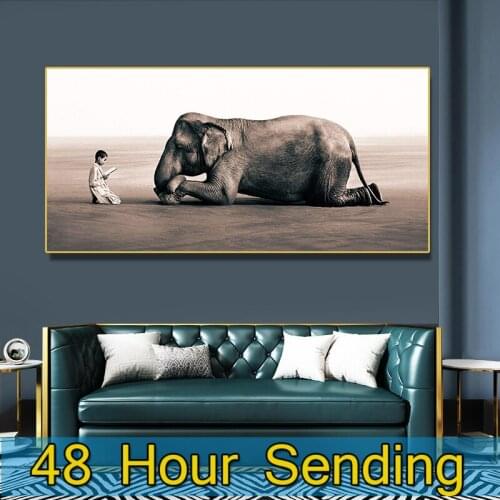 Canvas Religious Painting HD Monk preaching Pious Elephant Poster Animal Picture Living Room wall art print Decorative Paintings
