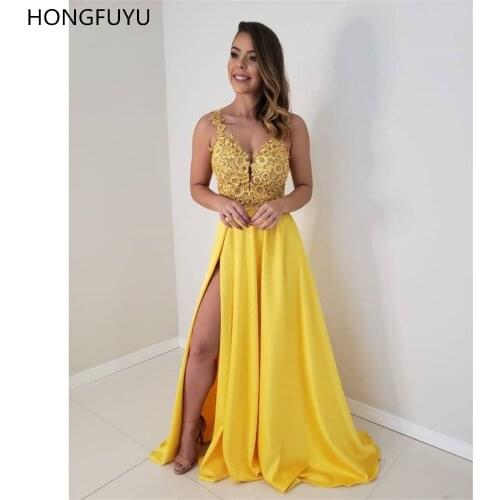 HONGFUYU 2021 Sexy Yellow Evening Formal Dresses Floral Lace Straps Prom Party Dress With Split Vestidos De Gala Satin Backless