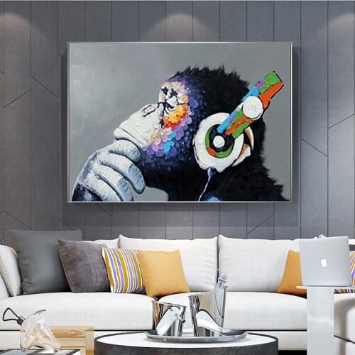 Headphone Music Monkey Canvas Painting Animal Posters and Prints Cuadros Wall Art Pictures for Living Room Home Decor Unframed