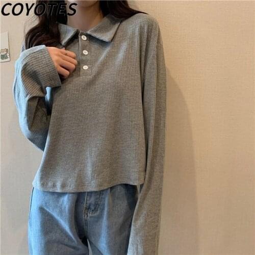 COYOTES Womens T-Shirts Solid Turn-Down Collar Knitted T-Shirt Women Long Sleeve Top Skin-Friendly Slim Elegant Simple Trendy