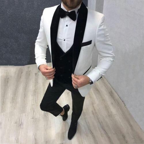 Brand New Men Suits White and Black Groom Tuxedos Shawl Lapel Groomsmen Wedding Bridegroom ( Jacket+Pants+Vest+Tie ) D161
