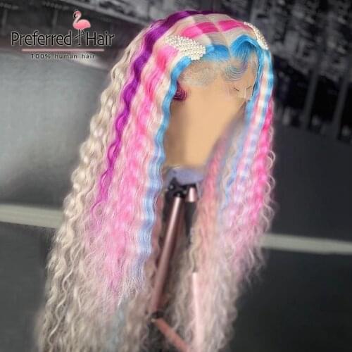 Preferred Rainbow Pink Highlight Lace Front Wig Preplucked Mint Green Deep Wave Human Hair Wig Transparent Lace Wigs For Women