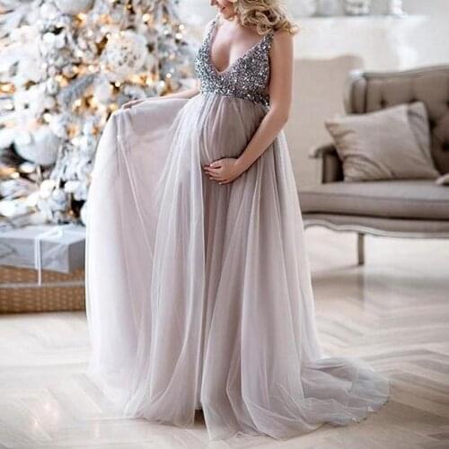 Women Dress Maternity photography Pregnancy Cloth Chiffon + Sequin Sling V Neck Prom Gown Pregnancy Art Photo Maxi Dress Evening