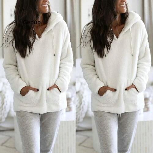 Women Autumn Casual Plush Hoodies Long Sleeve V-Neck Solid Color Loose Wild Pullover Comfort Homewear Top with Pocket
