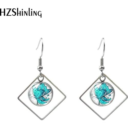 2020 New Butterfly and Flowers Inspirational Painting Hook Earring Rhombic Earring Glass Dome Jewelry Stainless steel Earrings