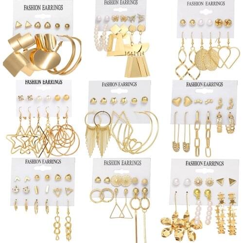 Golden Leaf Earrings Pearl Rhinestone Geometric Women Wedding Heart-shaped Chain Earrings Set Summer Large Loop Earrings