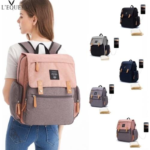 Lequeen Diaper Bag USB Maternity Nappy Bags Mummy Large Capacity Travel Backpack Nursing Bag for Baby Care Womens Fashion Bag