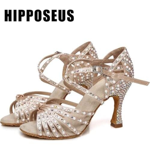 Hipposeus Ballroom Girls Dance-Shoes Women Latin Dance Shoe Ladies Modern Tango Dancing Shoes With Rhinestone Salsa Sandrals