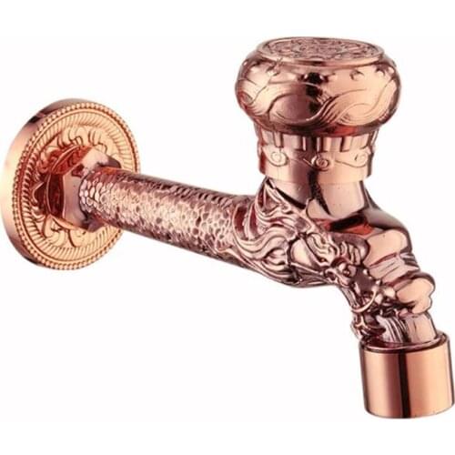 Outdoor Faucet Single Cold Tap Faucet Garden Bibcocks Rose Gold Brass Dragon Carved Long Faucet