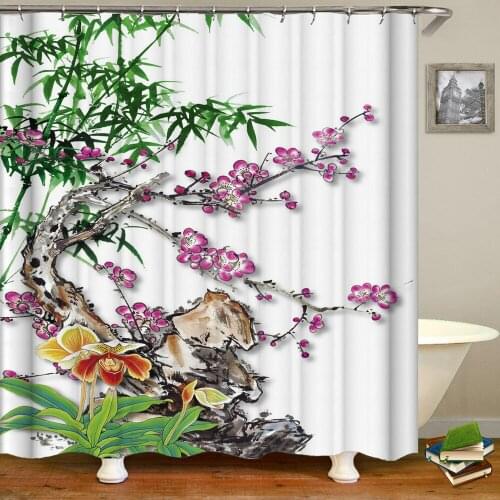 Chinese Style Flowers Bird Scenery Waterproof Shower Curtain Bath Curtains 3d Printing Bathroom with Hooks Washable Cloth Screen