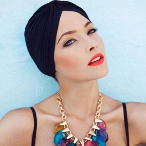 Stretchy Turban Muslim Hat Womens Hat Fashion Solid Bandage Bandanas Headband Wrap Chemo Hijab Knotted Indian Cap Hair Loss Hat