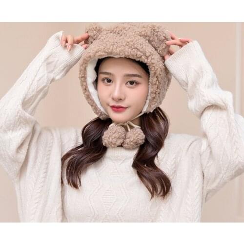 Female Hat 2021 New Wild Winter Warm Round Face Big Face Thinner Hat Scarf One Sweet And Cute Kawaii Bear Ears Plush Ball Matte