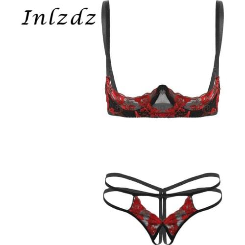Womens Erotic Lace Sexy Lingerie Set Bare Exposed Breasts Underwire Bra Top with Crotchless G-string Thong Briefs Sex Costume