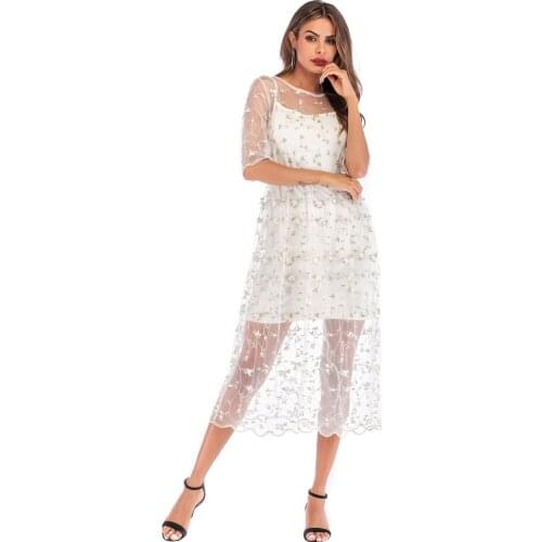 YYFS 2019 New Embroidery Party Dresses Runway Floral Bohemian Flower Embroidered 2 Pieces Vintage Boho Mesh Dress Women Vestido