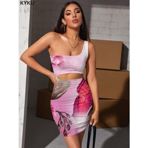 KYKU Brand Butterfly Dresses Women Animal Hollow out Dresses Flower Pleating Pink Bodycon Dress Womens Clothing Summer New